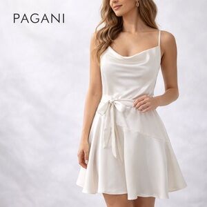 Pagani Ivory Satin Cowl Neck Mini Dress Tie Waist Size 6 Bridal Party